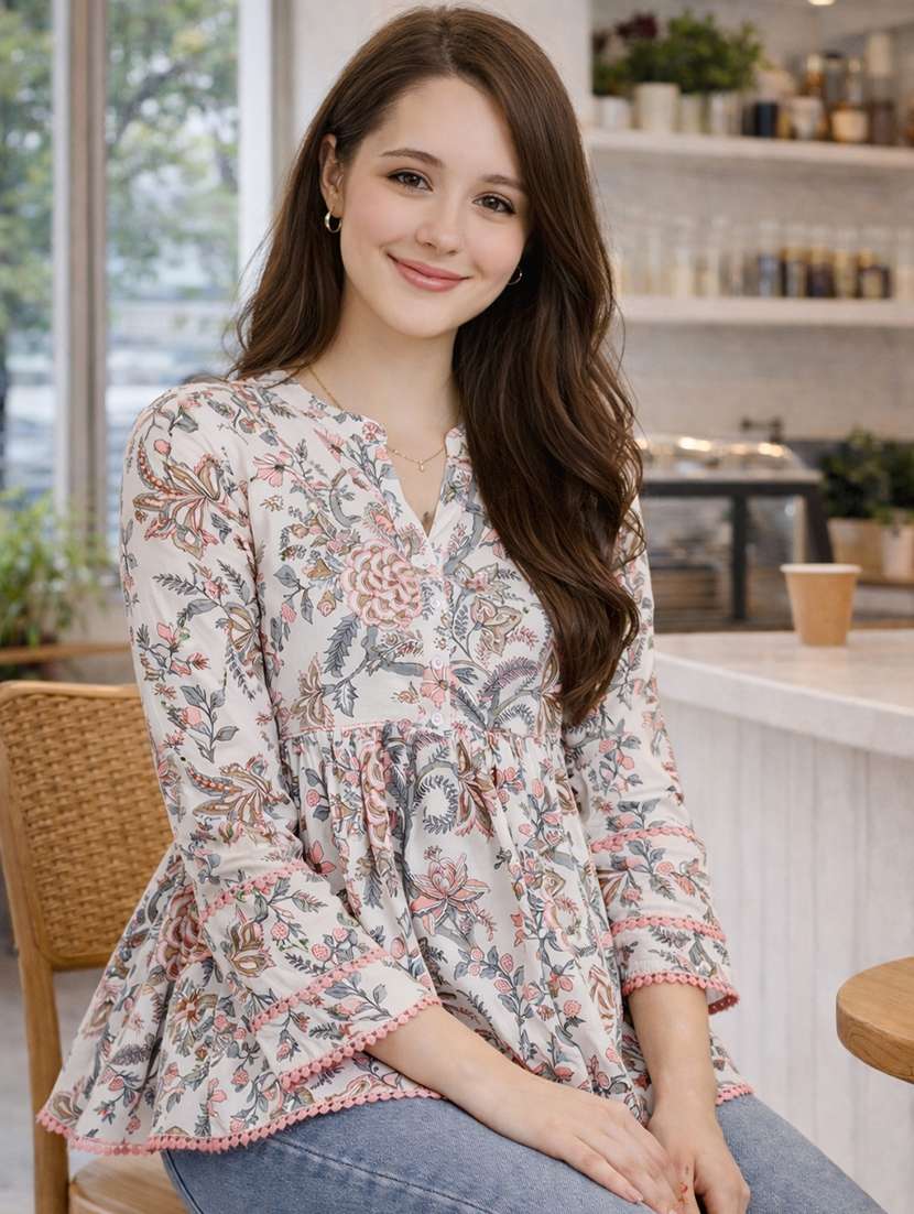 Women Printed Three Quarter Sleeve Ethnic Top - 22522648 -  Standard Image - 1