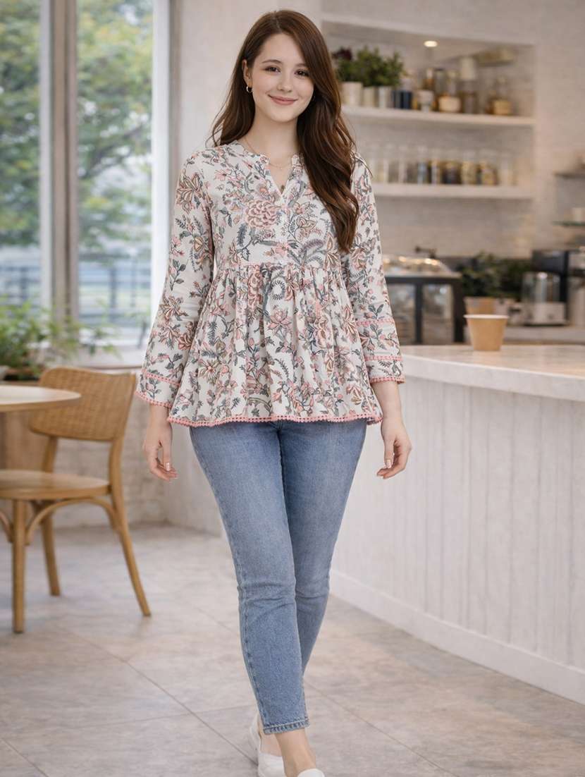 Women Printed Three Quarter Sleeve Ethnic Top - 22522648 -  Standard Image - 4