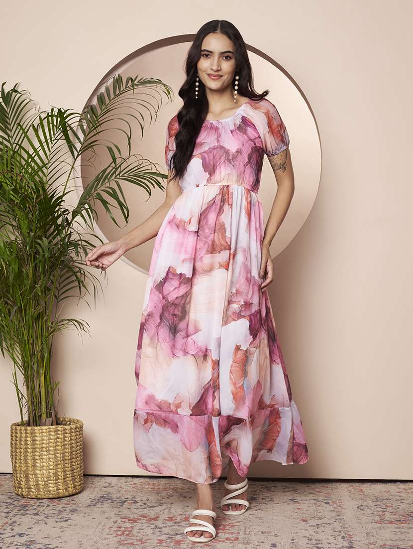 women printed round neck fit and flare dress
