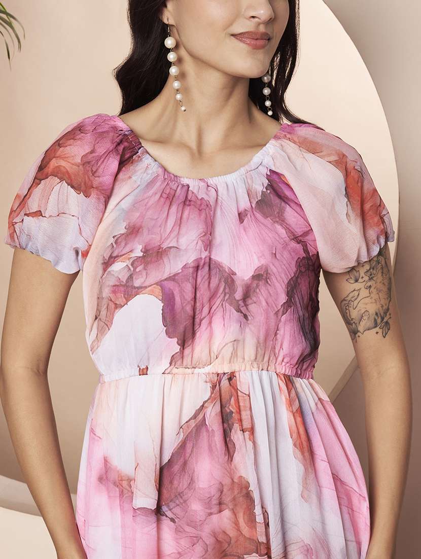 women printed round neck fit and flare dress - 22522653 -  Standard Image - 1