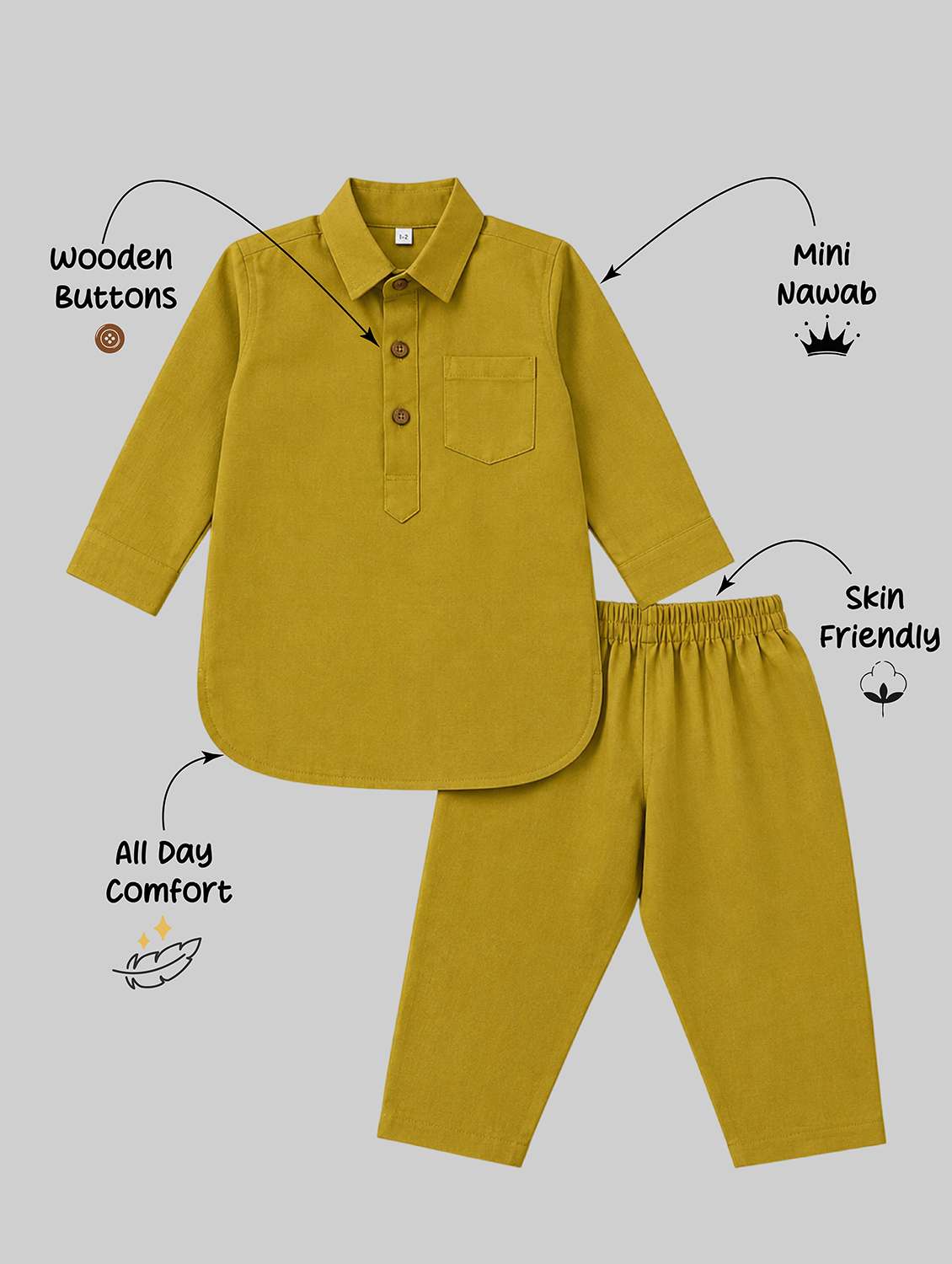 boys solid collared pathani kurta pyjama set - 22522662 -  Standard Image - 4