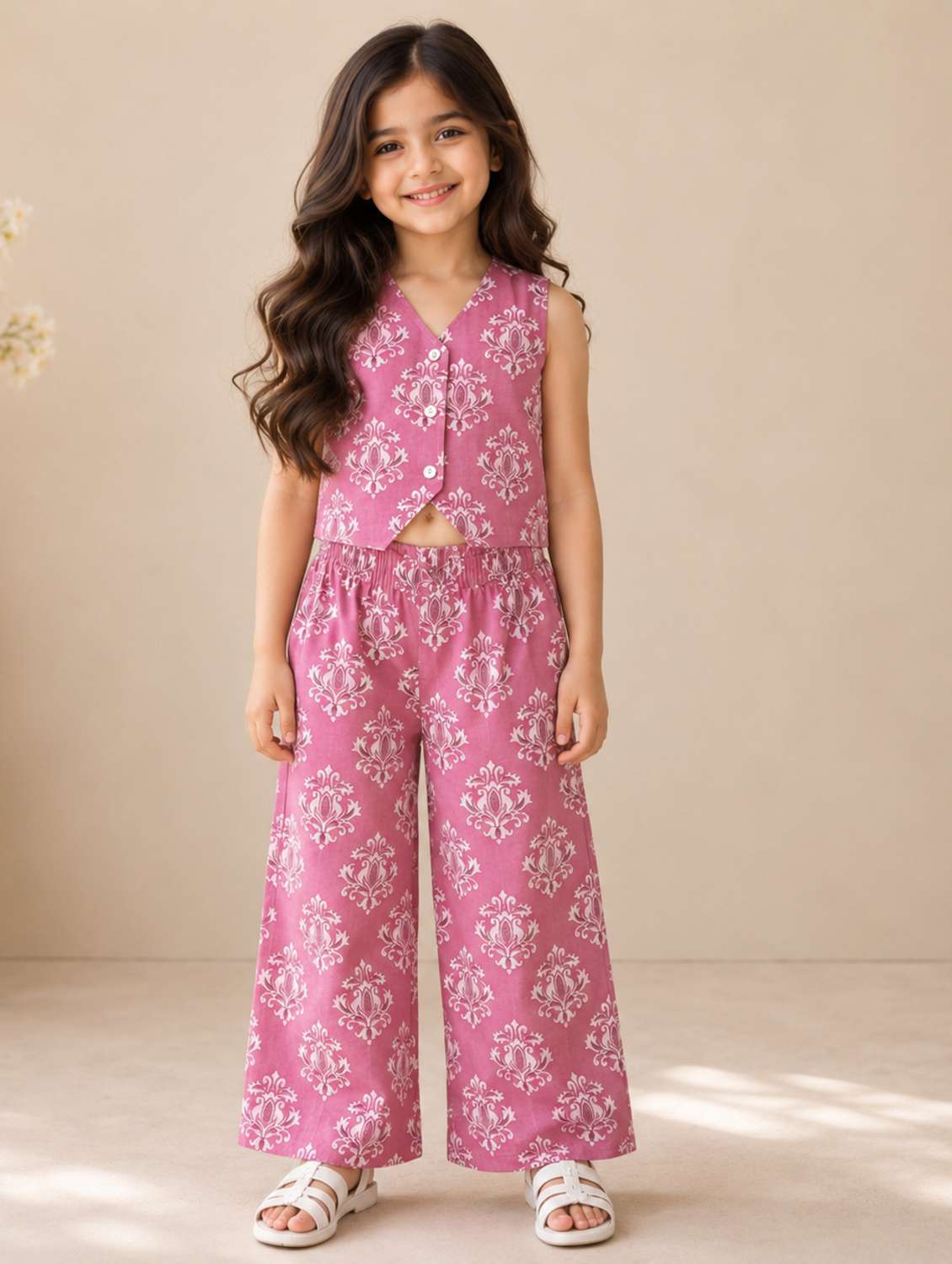 girls printed v neck top and trouser co-ord set
