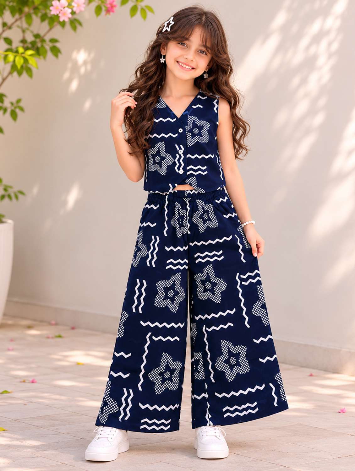 girls printed v neck top and palazzo co-ord set