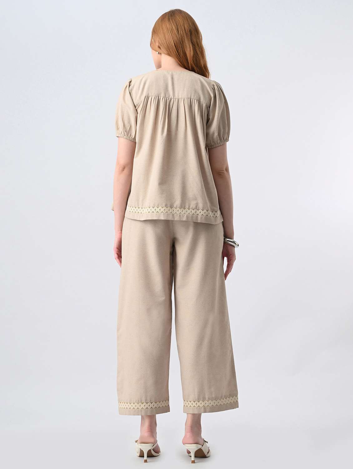 women solid short sleeve top & trouser set co-ord - 22524284 -  Standard Image - 4