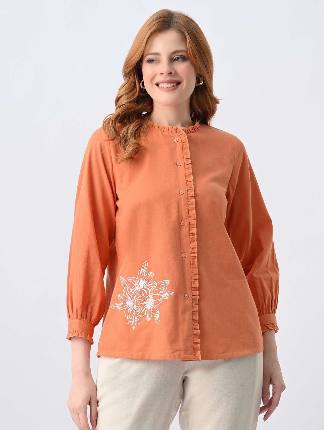women embroidered round neck regular shirt