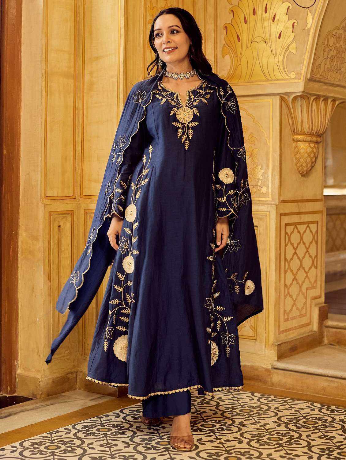 women embroidered three quarter sleeves kurta pant set with dupatta - 22524300 -  Standard Image - 1