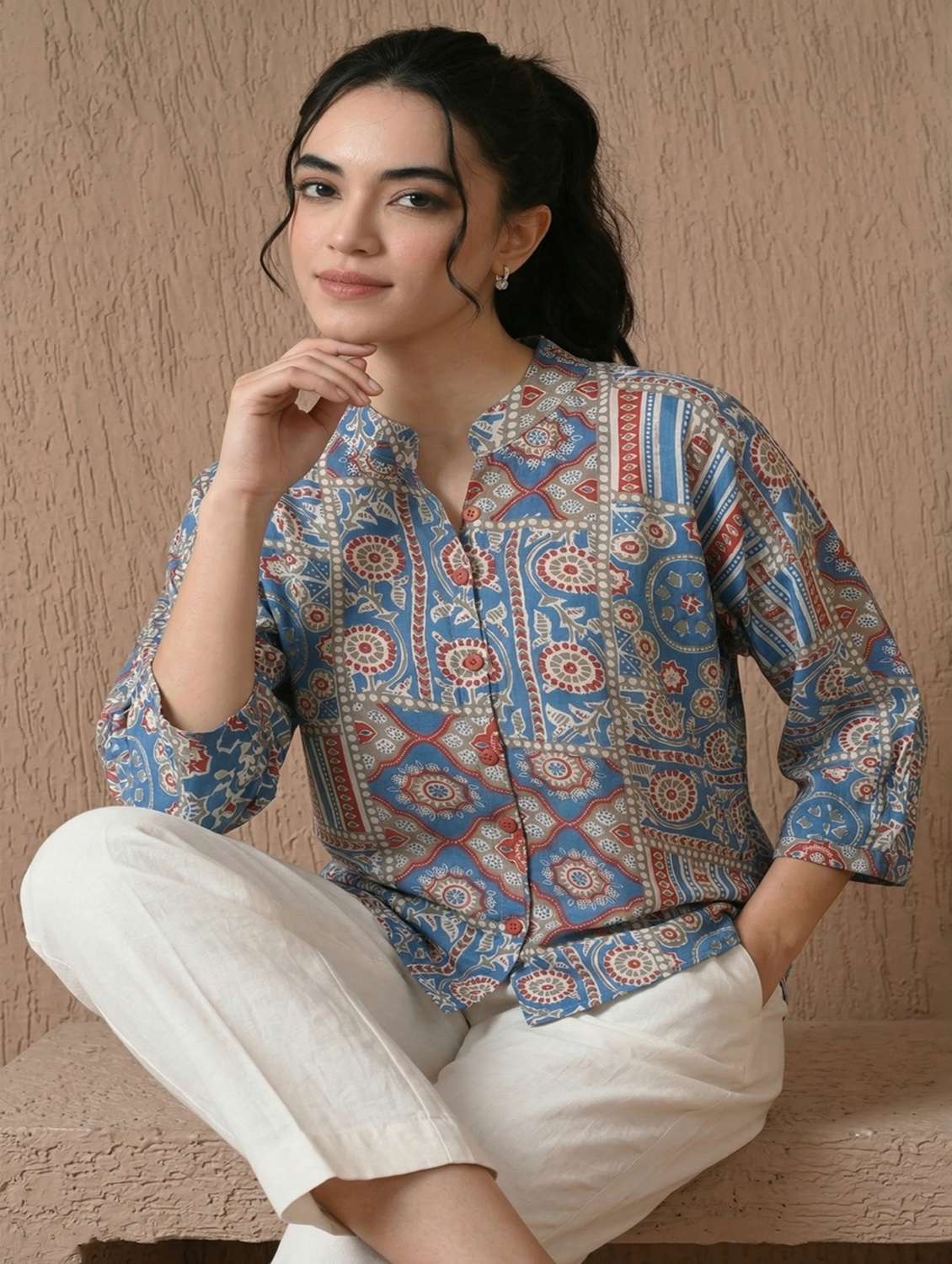 women printed three quarter sleeve shirt  - 22524432 -  Standard Image - 1