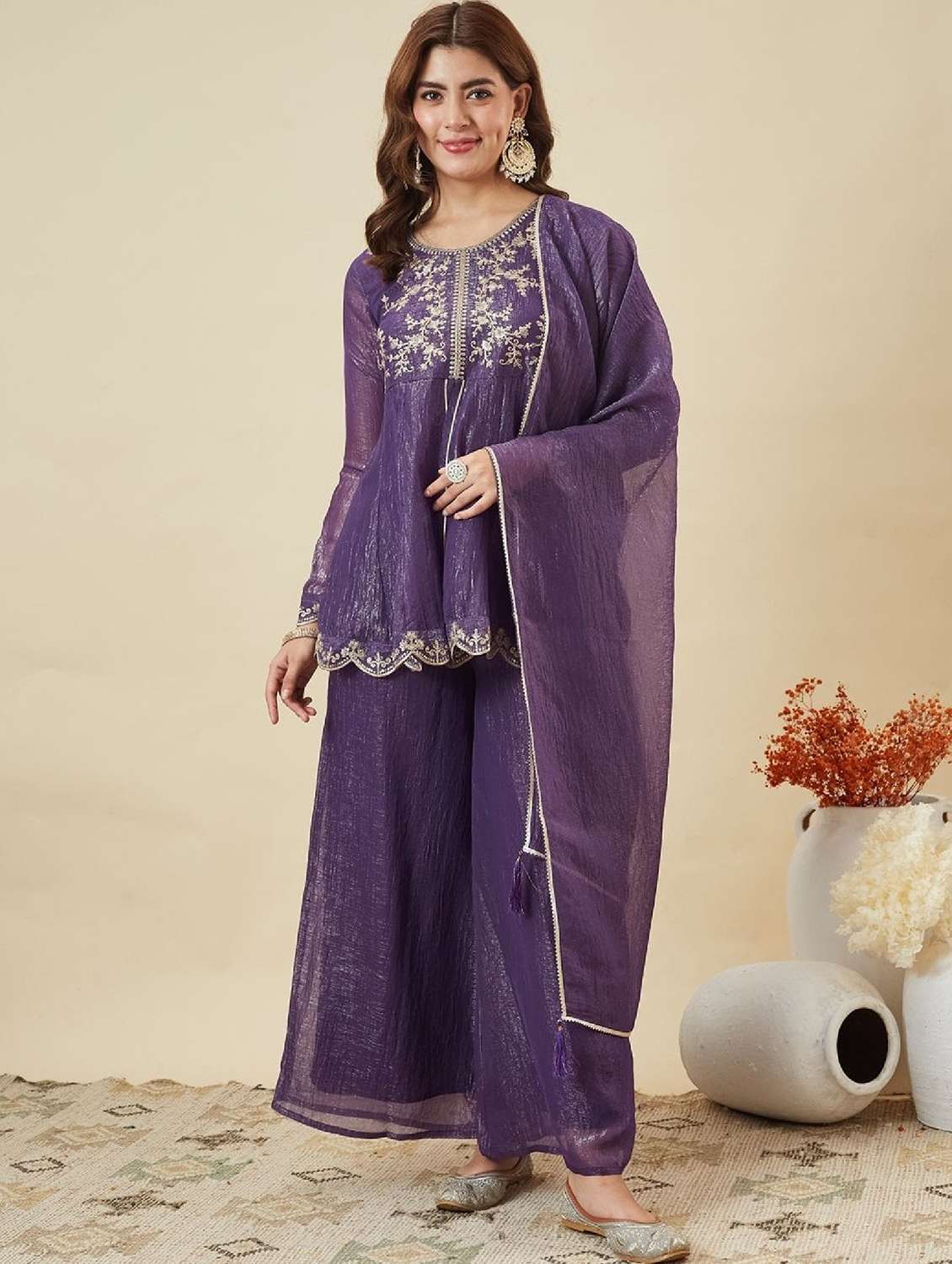 women embroidered long sleeve kurta palazzo with dupatta set