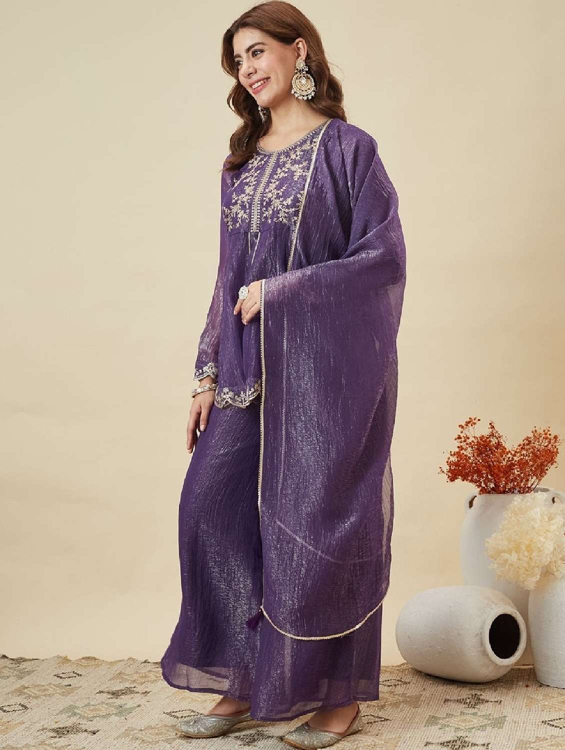 women embroidered long sleeve kurta palazzo with dupatta set - 22524459 -  Standard Image - 4