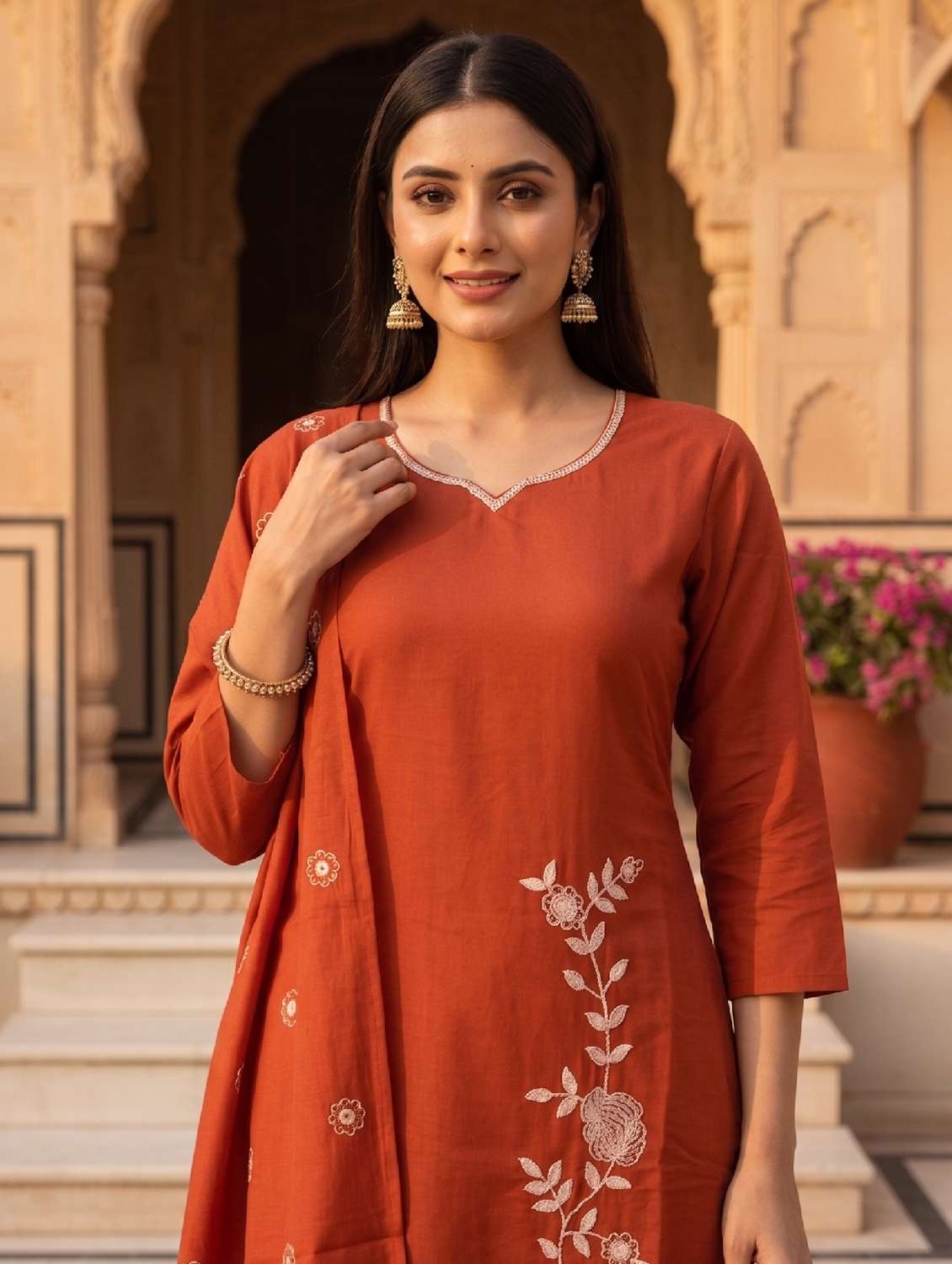 women embroidered three quarter sleeve kurta pant with dupatta set - 22524472 -  Standard Image - 1