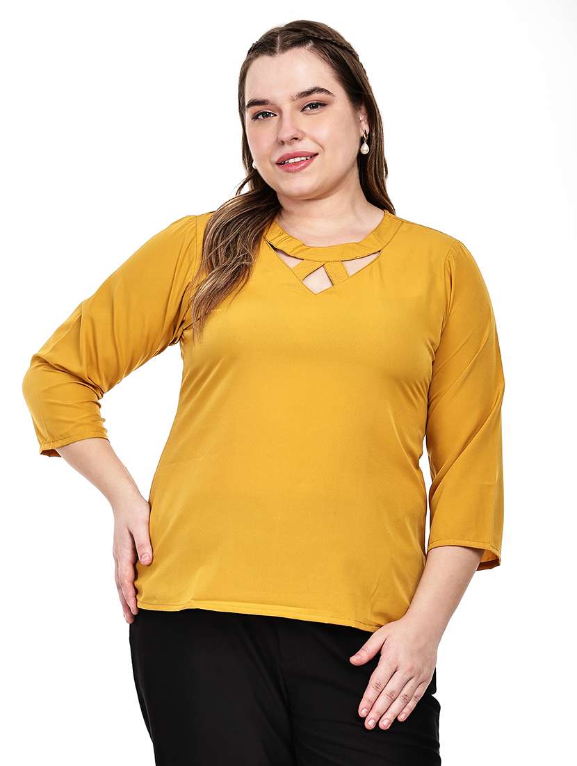 yellow crepe solid regular fit top with criss-cross neck