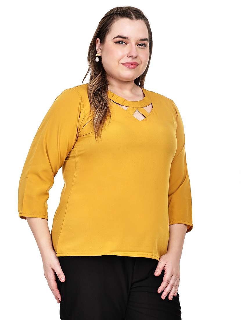 Yellow Crepe Solid Regular Fit Top With Criss-cross Neck - 22526626 -  Standard Image - 1