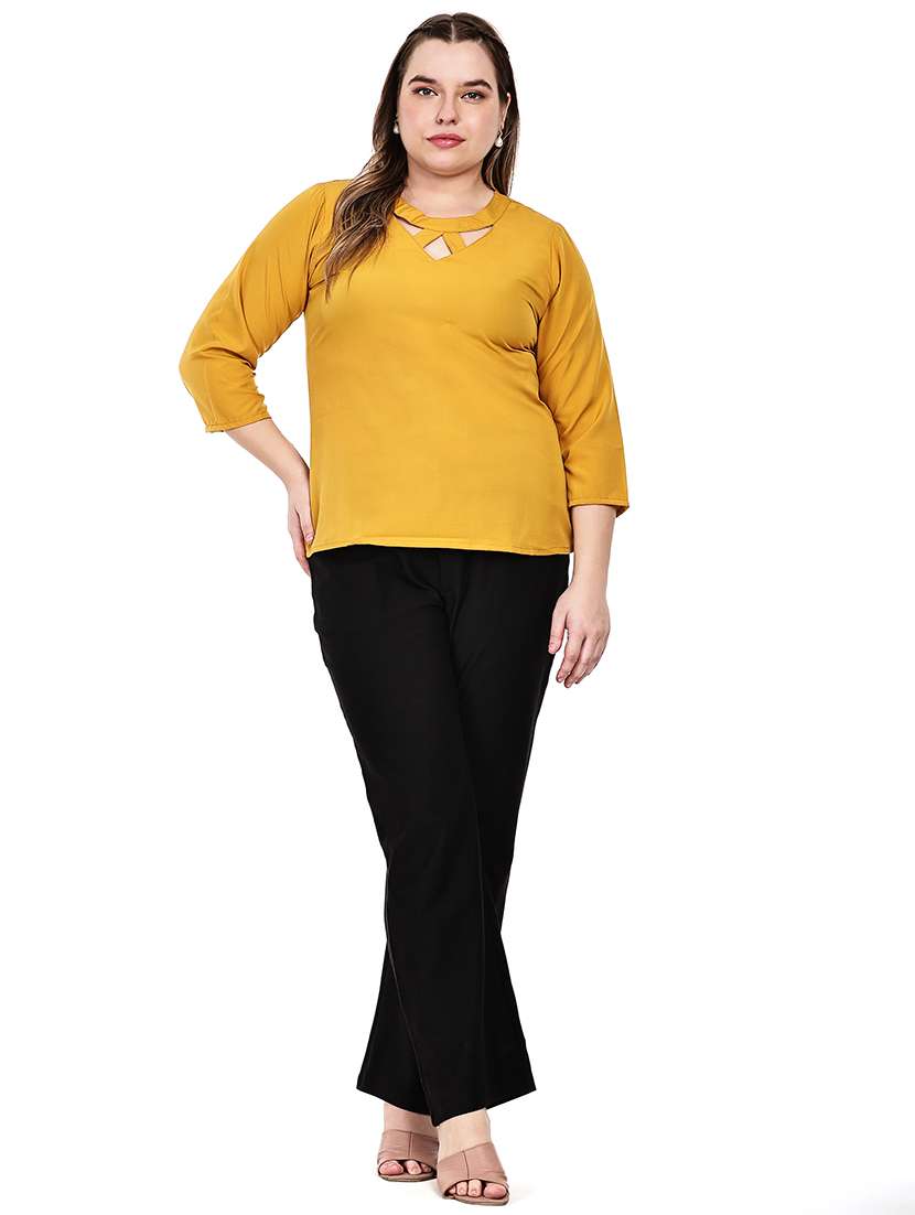 Yellow Crepe Solid Regular Fit Top With Criss-cross Neck - 22526626 -  Standard Image - 4