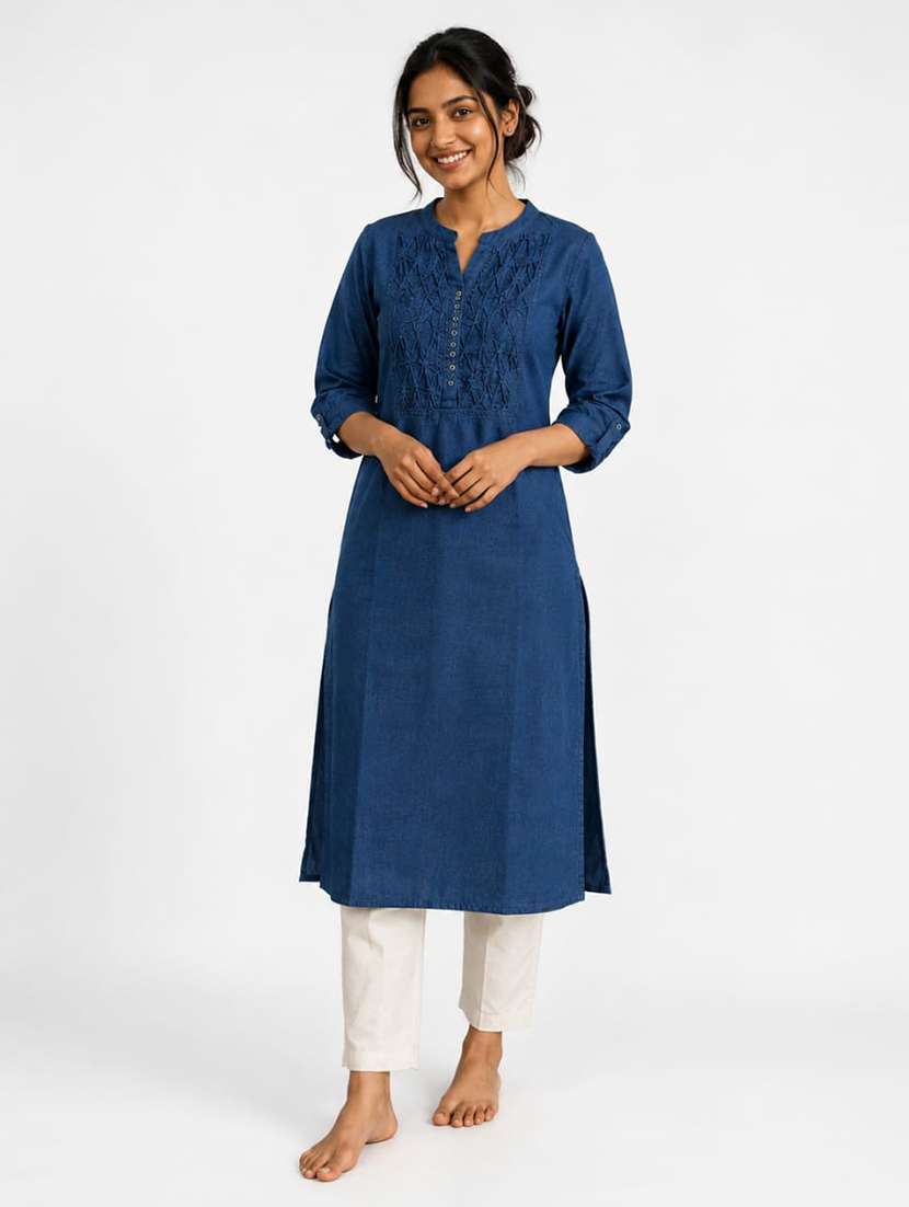 women self design three quarter sleeves straight kurta - 22526724 -  Standard Image - 1