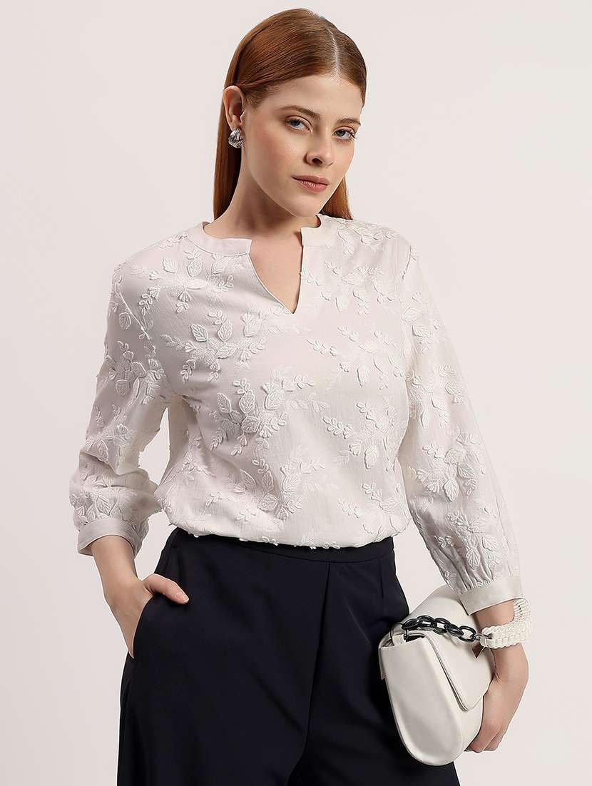 women embroidered mandarin neck regular top
