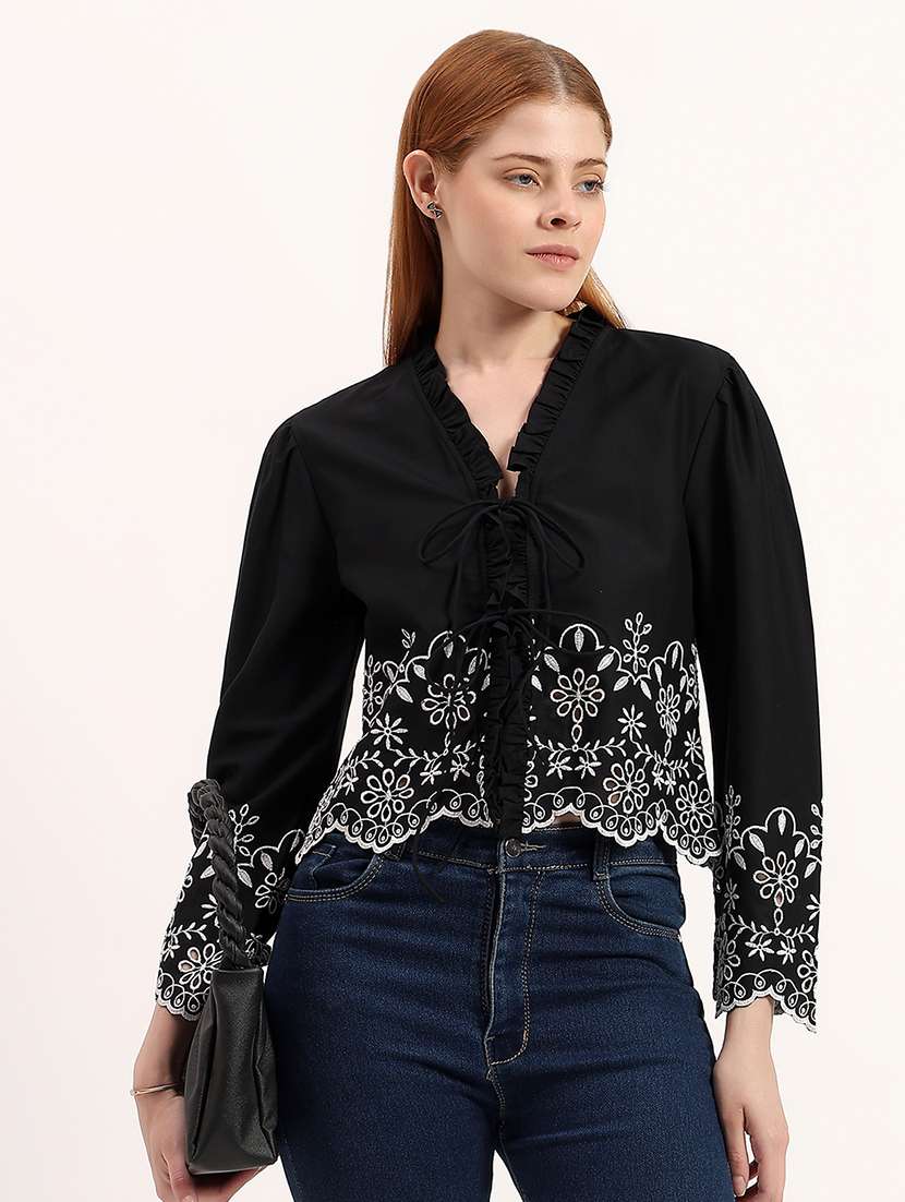 women embroidered tie up neck regular top