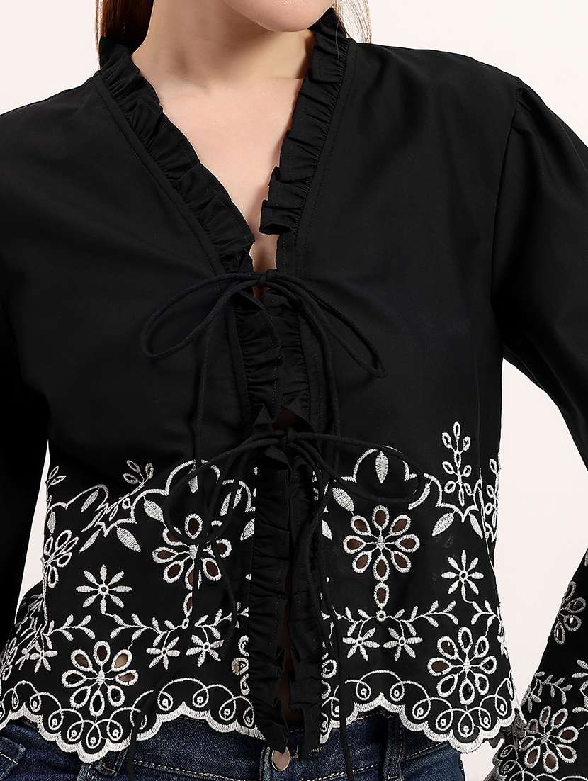 women embroidered tie up neck regular top - 22526757 -  Standard Image - 1