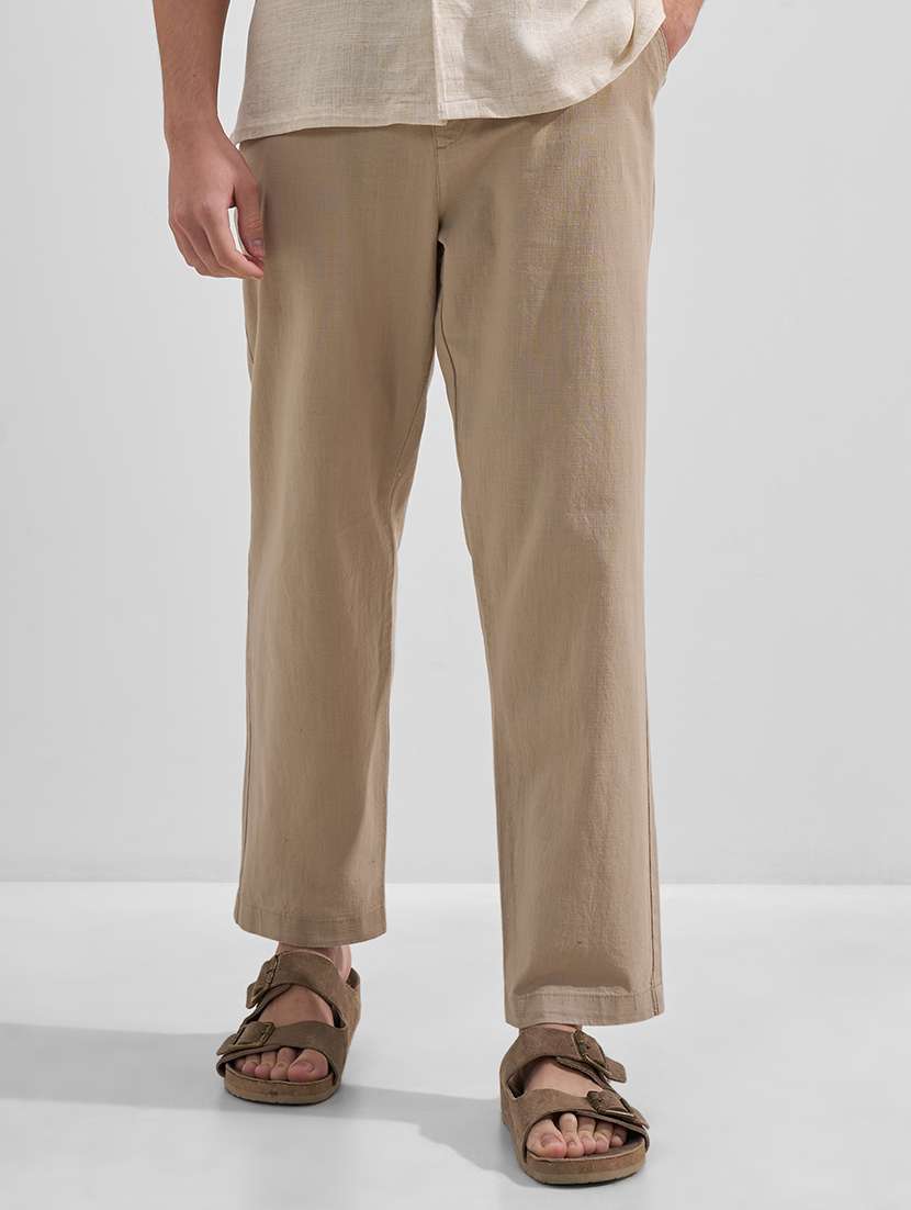 men solid high rise flat front casual trouser