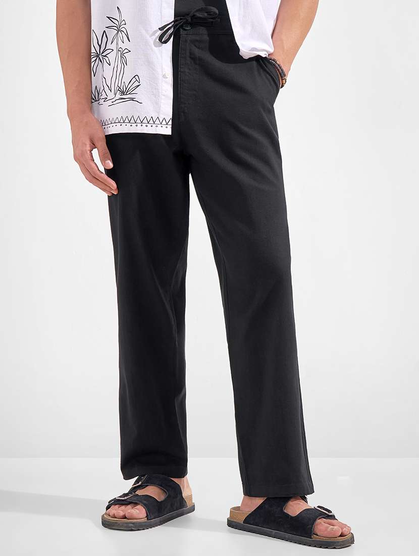 men solid high rise flat front casual trouser