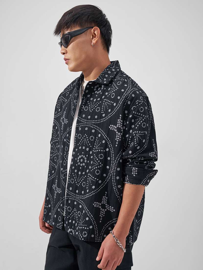 men printed long sleeve loose fit casual shirt