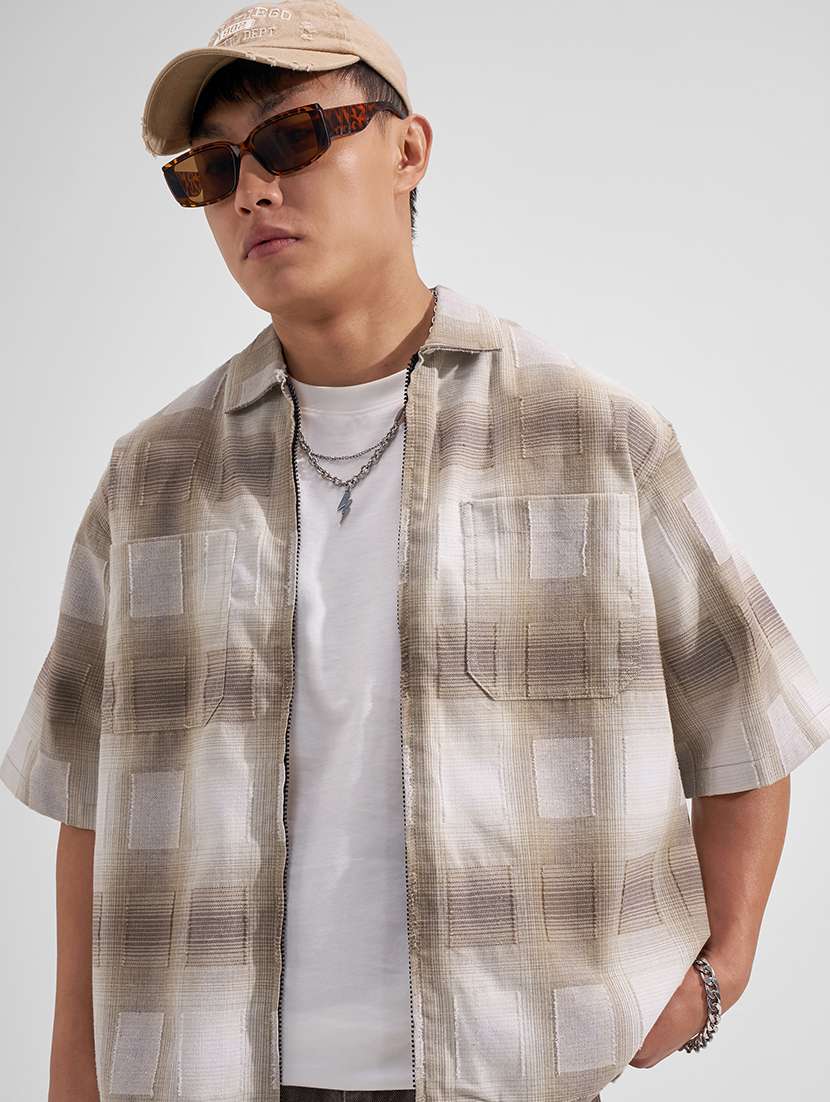 men checkered short sleeve oversized casual shirt