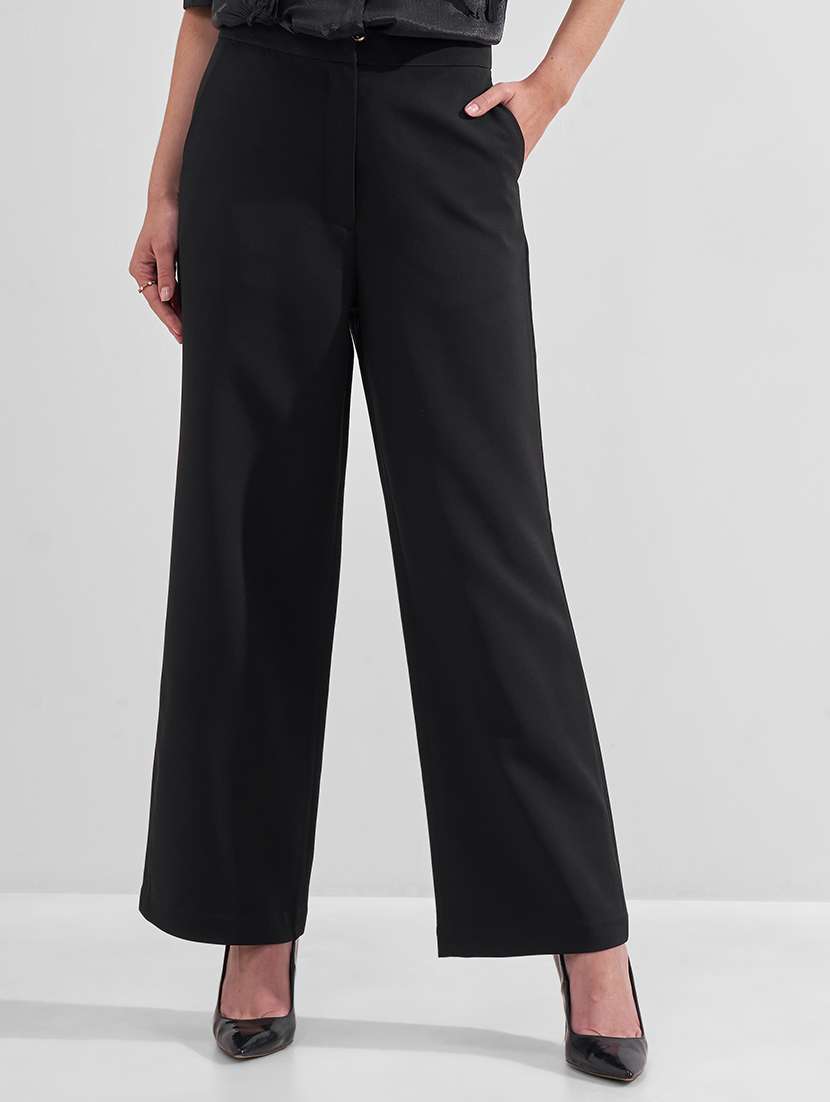 women solid high rise straight fit trouser