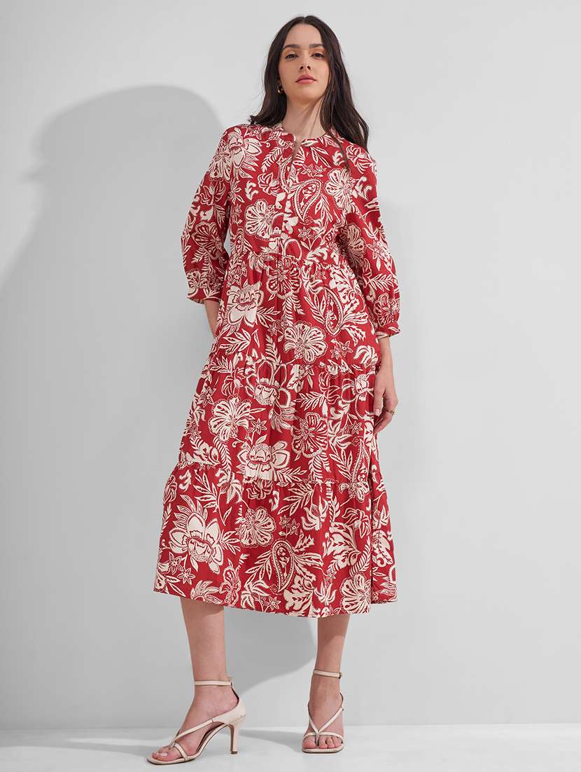 women printed mandarin neck tiered dress