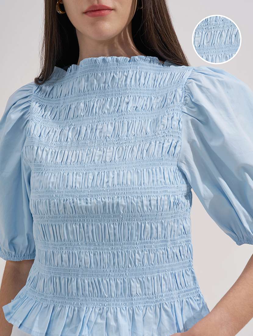women solid puff sleeves ruched top - 22526987 -  Standard Image - 1