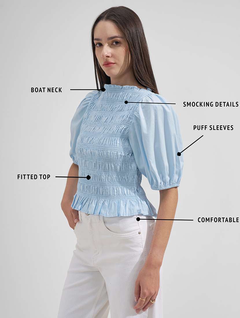 women solid puff sleeves ruched top - 22526987 -  Standard Image - 4