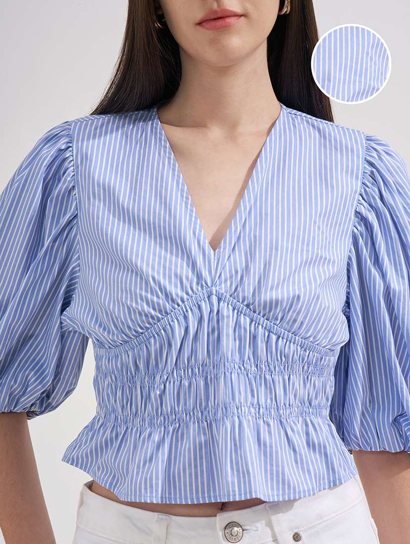 women printed puff sleeves smocked crop top - 22526989 -  Standard Image - 1