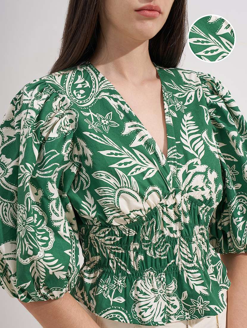 women printed v neck puff sleeves crop top - 22526990 -  Standard Image - 1