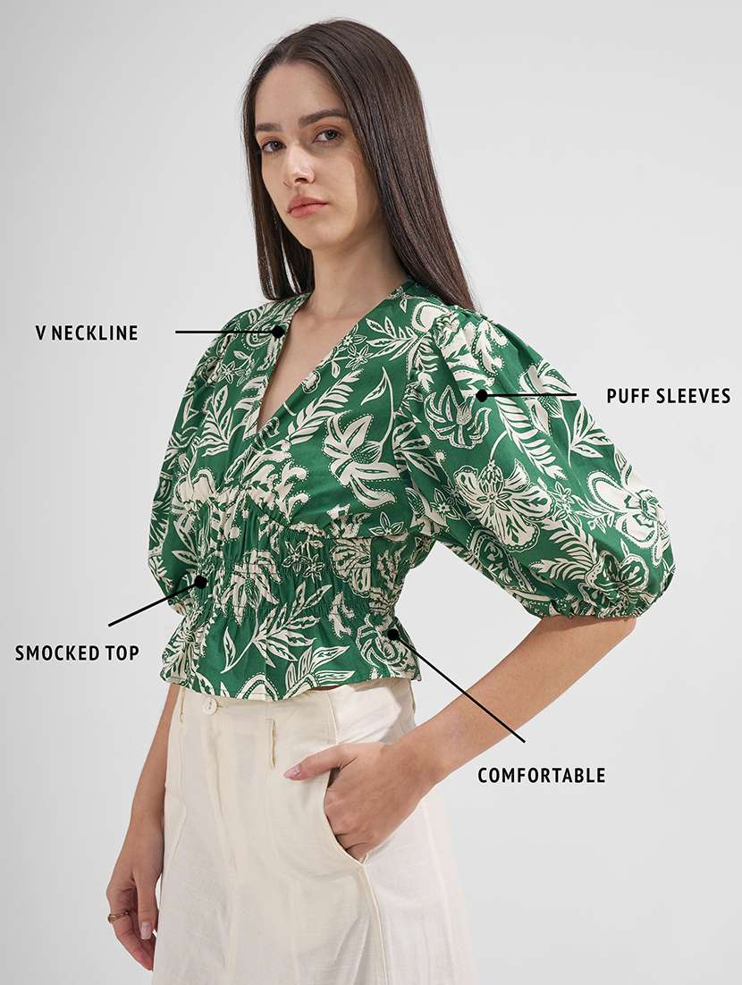 women printed v neck puff sleeves crop top - 22526990 -  Standard Image - 4