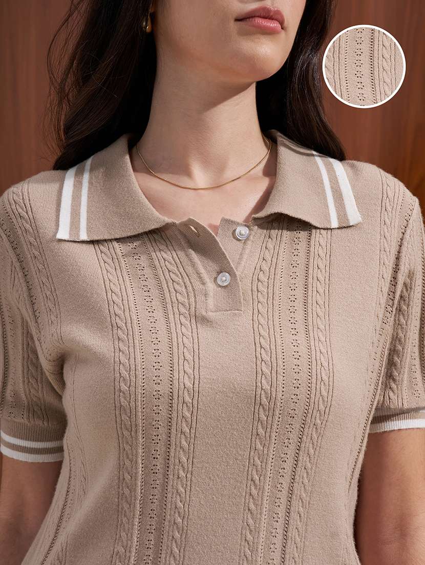 women self design polo neck t-shirt - 22526993 -  Standard Image - 1