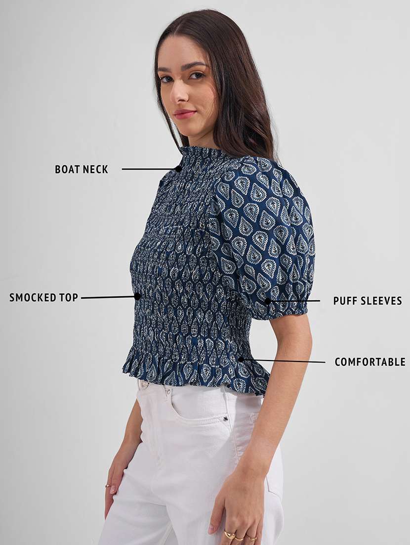 Women Printed Puff Sleeves Smocked Top - 22527003 -  Standard Image - 4
