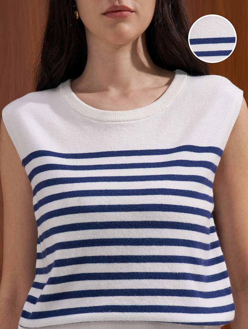women striped round neck sleeveless regular top - 22527021 -  Standard Image - 1