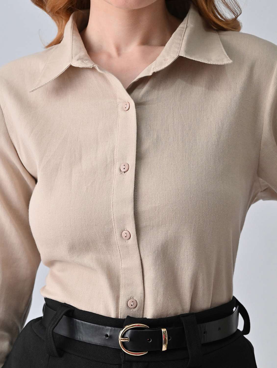 beige cotton solid long sleeve shirt collar shirt - 22527074 -  Standard Image - 1
