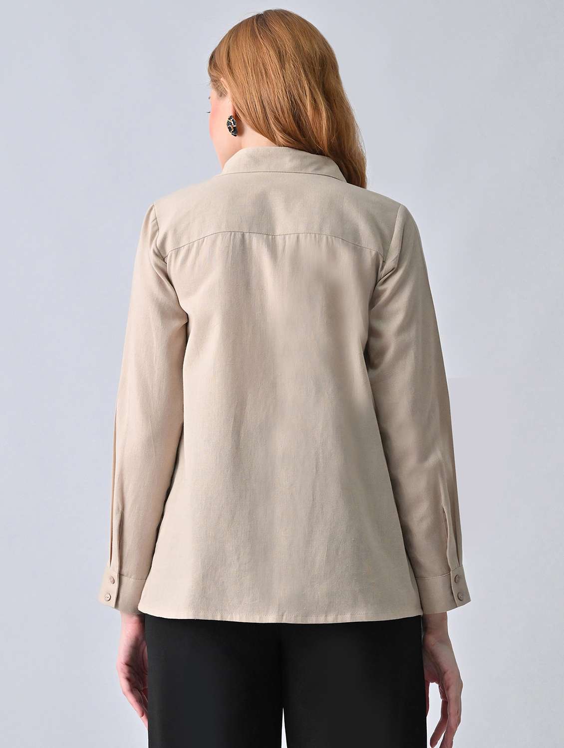 beige cotton solid long sleeve shirt collar shirt - 22527074 -  Standard Image - 4
