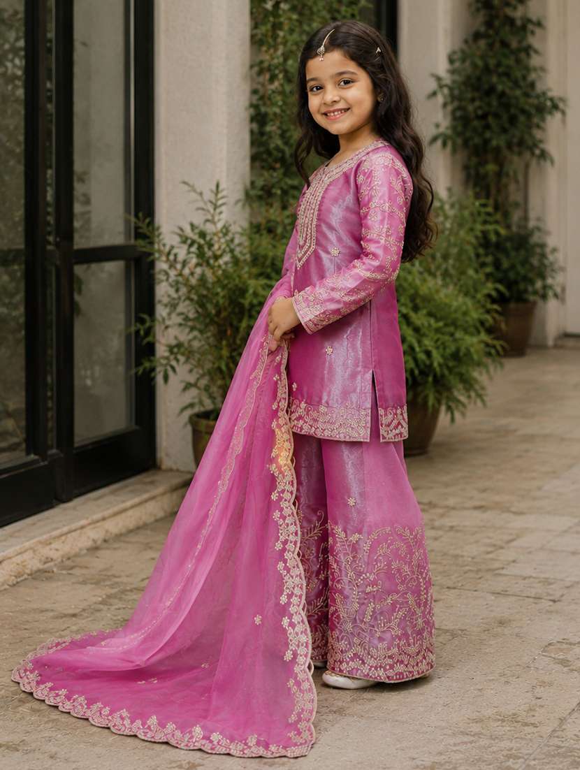 girls embroidered long sleeves kurta and sharara set - 22527085 -  Standard Image - 1