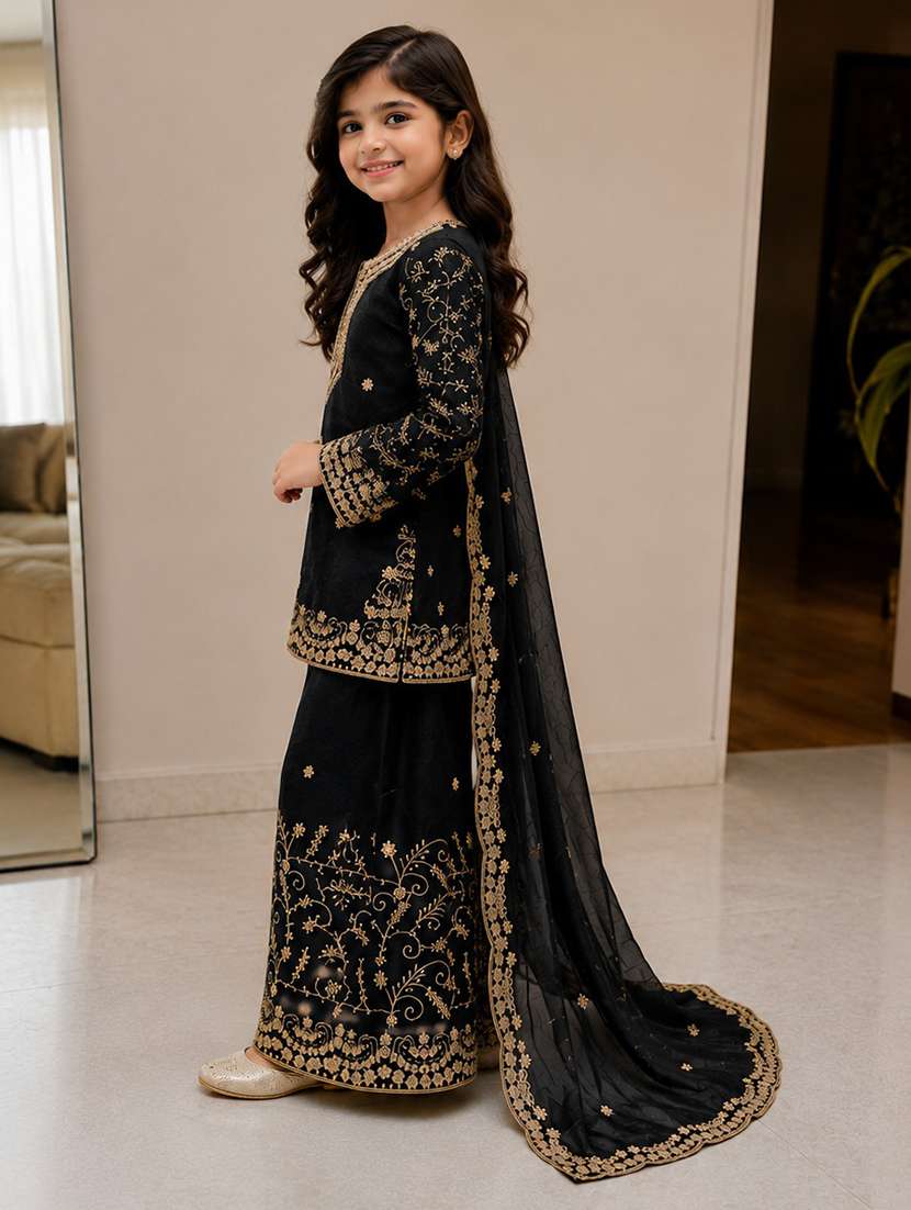 girls embroidered long sleeves kurta and sharara set - 22527086 -  Standard Image - 1