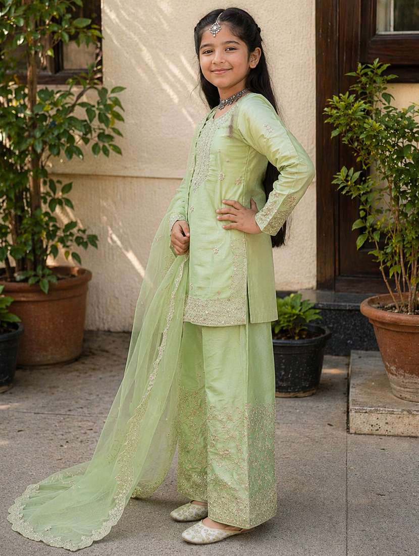 girls embroidered long sleeves kurta palazzo set with dupatta - 22527087 -  Standard Image - 1