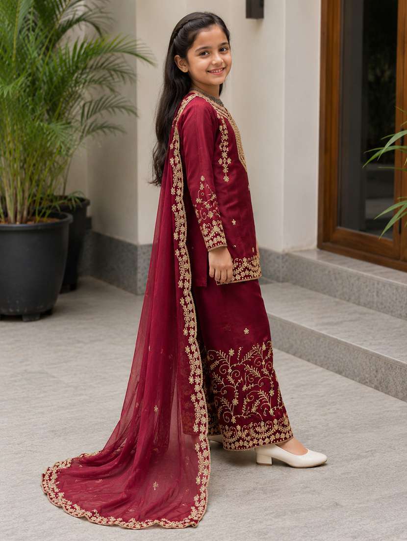girls embroidered long sleeves kurta and sharara set - 22527088 -  Standard Image - 1