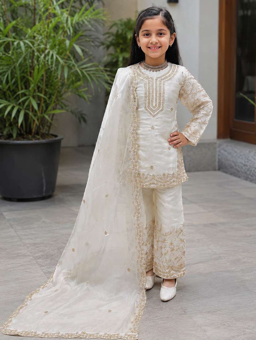 girls embroidered long sleeves kurta and palazzo set
