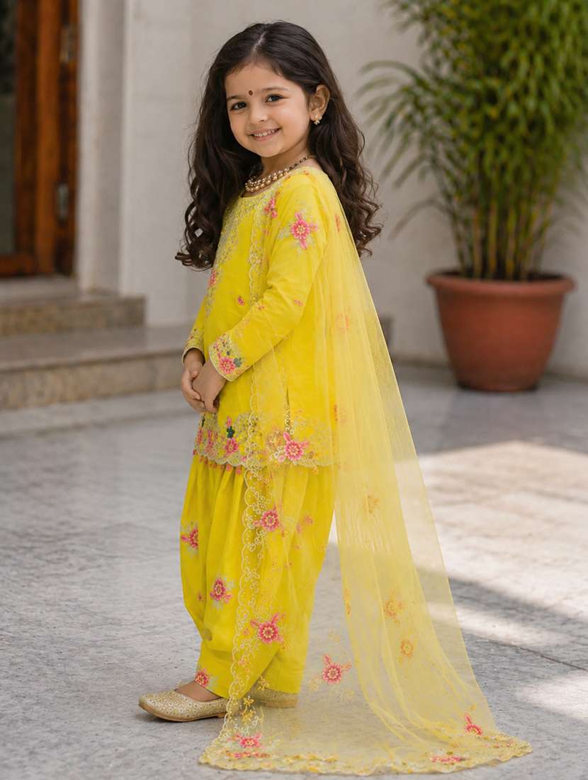 girls embroidered long sleeves kurta salwar set with dupatta - 22527090 -  Standard Image - 1