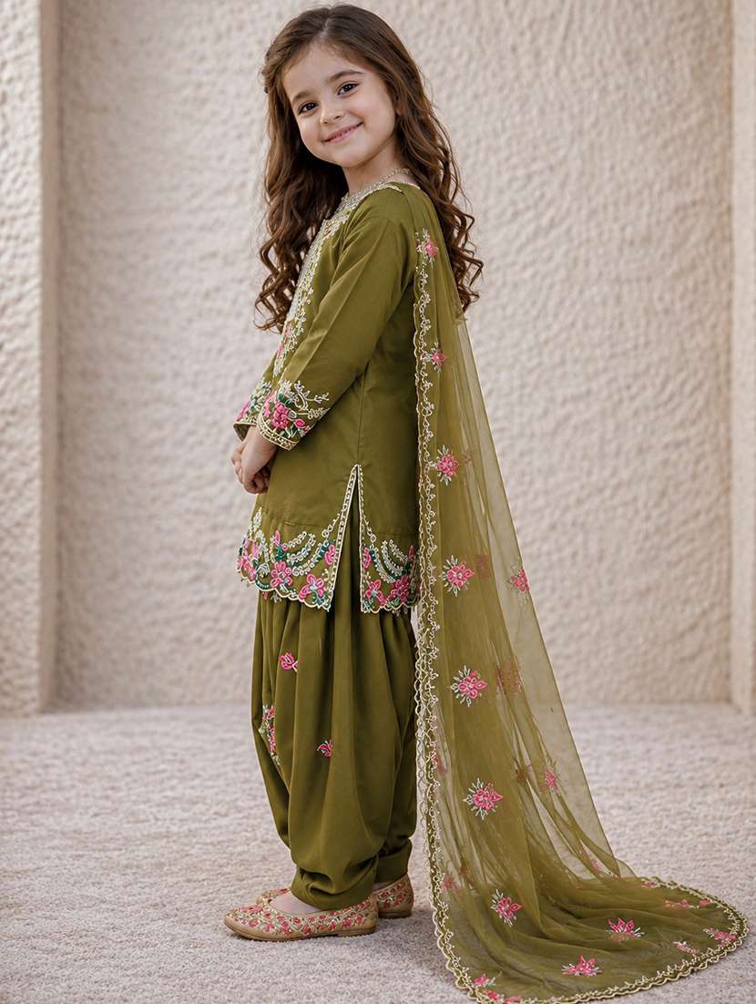 girls embroidered long sleeves kurta salwar set with dupatta - 22527093 -  Standard Image - 1