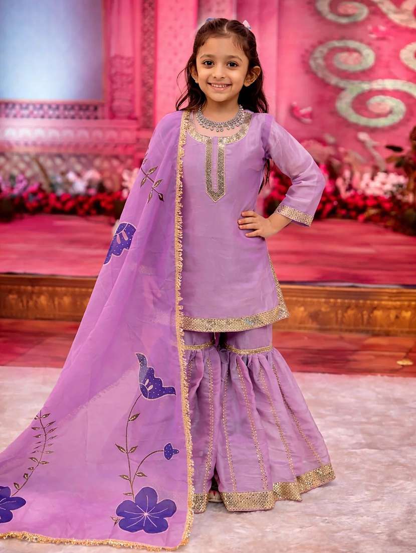 girls printed three quarter sleeves kurta sharara set with dupatta