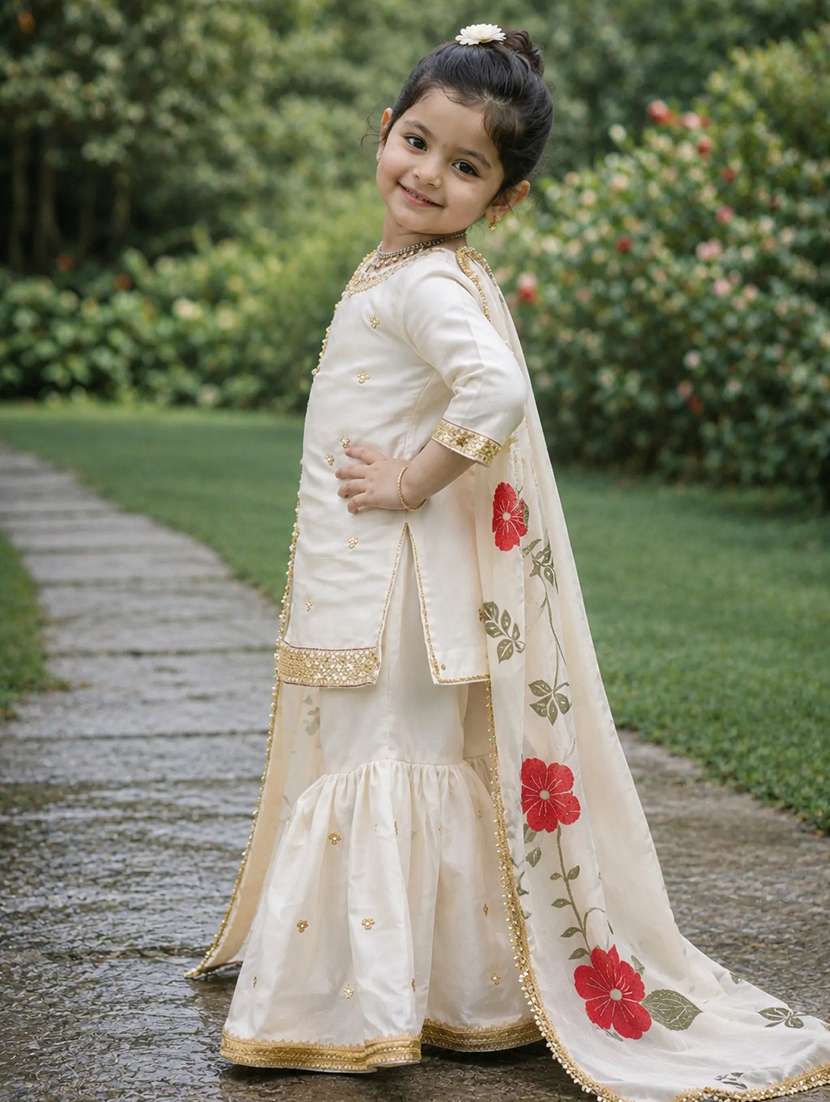 girls embroidered three quarter sleeves kurta sharara set with dupatta - 22527097 -  Standard Image - 1