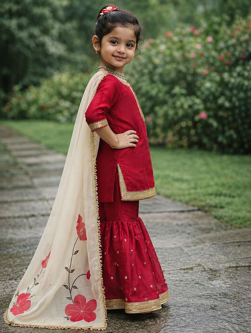 girls printed three quarter sleeves kurta sharara set with dupatta - 22527098 -  Standard Image - 1