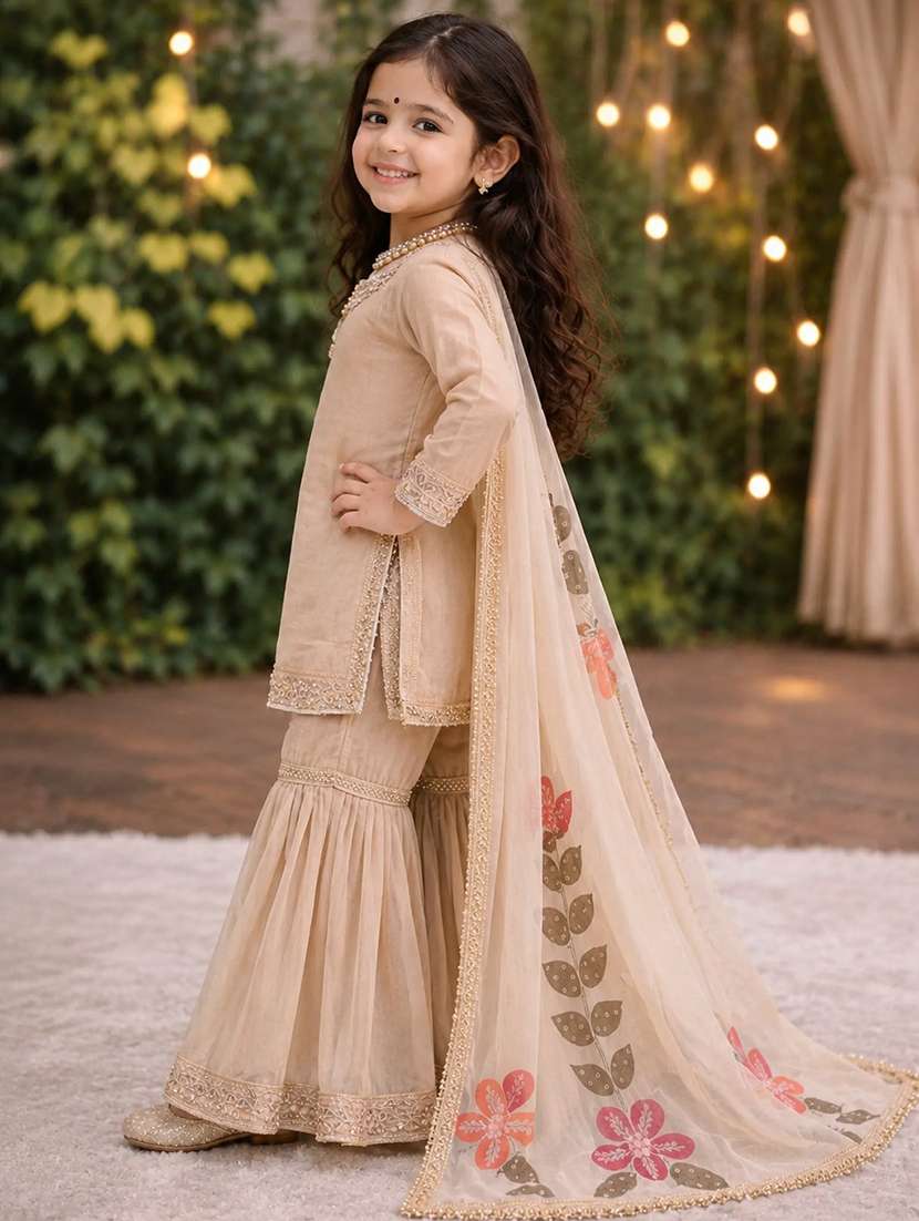 girls printed three quarter sleeves kurta sharara set with dupatta - 22527100 -  Standard Image - 1
