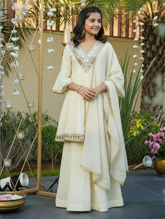 girls embroidered bell sleeves kurta sharara set with dupatta