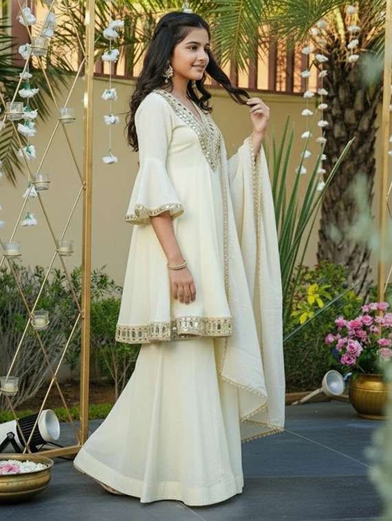 girls embroidered bell sleeves kurta sharara set with dupatta - 22527101 -  Standard Image - 1